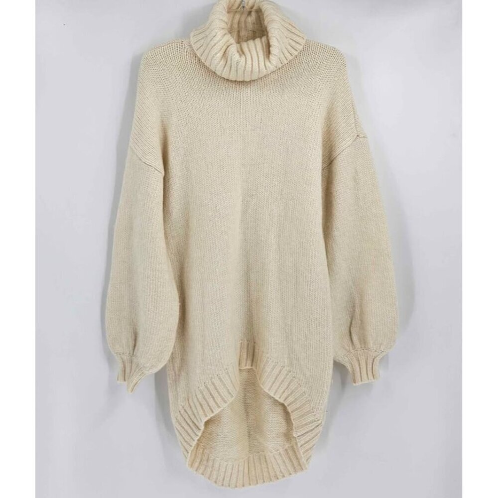 Cozy Off White Oversized Knitted Tunic Sweater Turtleneck Long Balloon Sleeves S